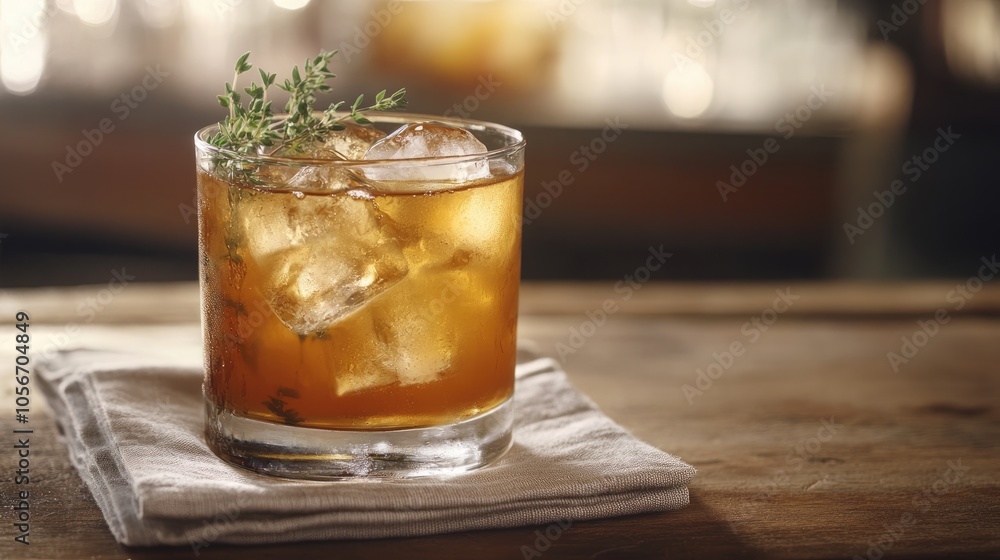 A tumbler glass filled with a brown alcoholic beverage garnished with thyme and ice cubes resting on a linen napkin atop a wooden table in a rustic setting A tumbler glass filled with a brown alcoholic beverage garnished with thyme and ice cubes resting on a linen napkin atop a wooden table in a rustic setting