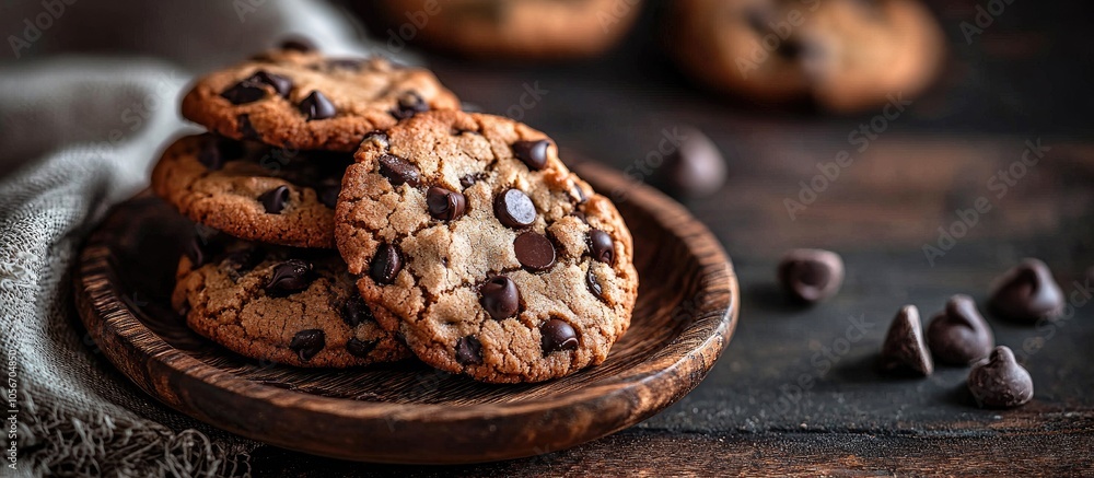 Fototapeta premium Side View Of Chocolate Chip Cookies On A Wooden Plate Over Rustic Background Selective Focus