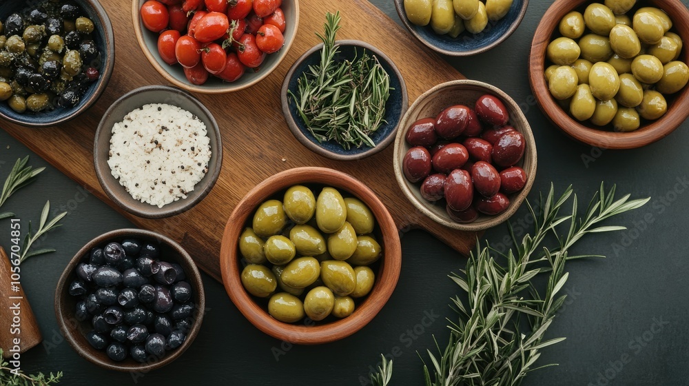 Obraz premium Top view of bowls filled with natural olives placed on a wooden kitchen board showcasing the rich texture and colors of the olives