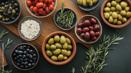 Top view of bowls filled with natural olives placed on a wooden kitchen board showcasing the rich texture and colors of the olives