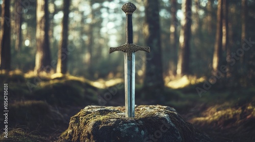 Ancient sword positioned on a stone amidst wooded surroundings