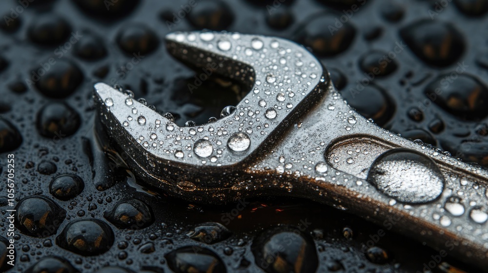 Close up of an adjustable spanner with water droplets on its surface Close up of an adjustable spanner with water droplets on its surface