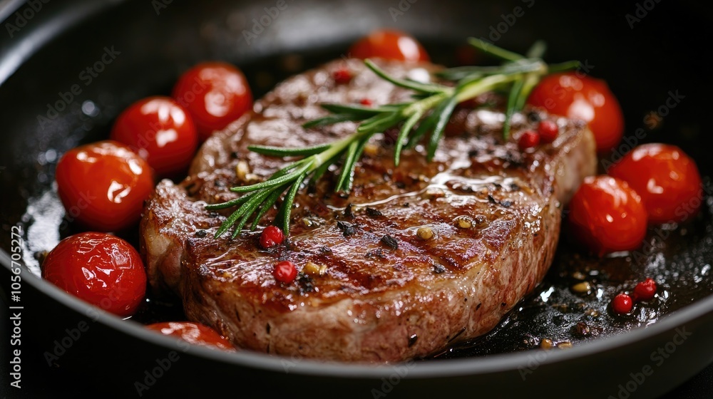Sizzling sirloin steak with rosemary and cherry tomatoes in a frying pan Sizzling sirloin steak with rosemary and cherry tomatoes in a frying pan