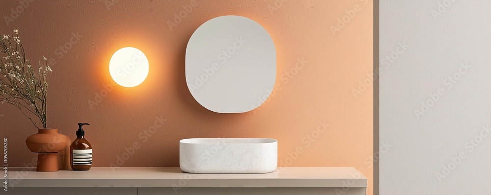 Elegant bathroom setting featuring a modern sink, round mirror, and stylish decor, creating a serene and inviting atmosphere.