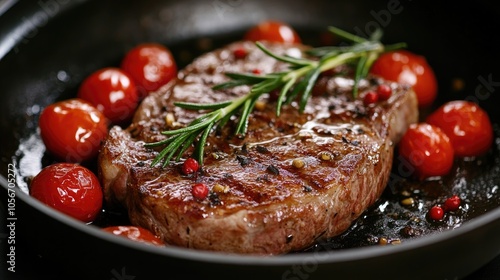 Sizzling sirloin steak with rosemary and cherry tomatoes in a frying pan