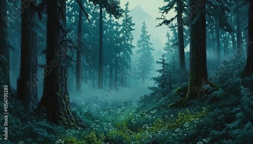 Mysterious Forest Path with Tall Trees and Fog