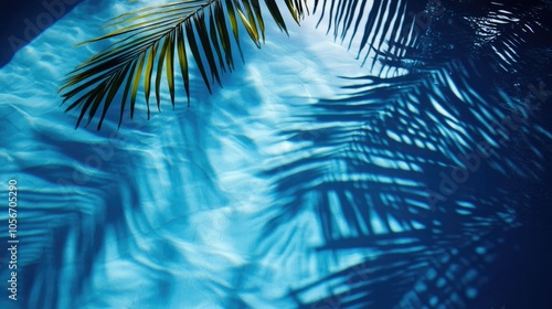 Reflection of palm leaf shadow on tranquil blue pool water creating an abstract and refreshing summer ambiance