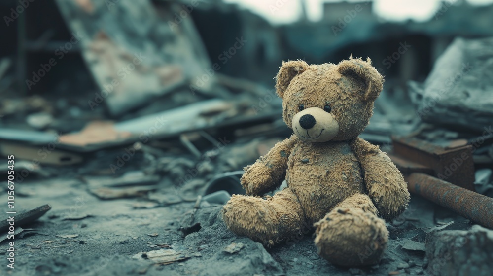 Concept of a child s life shattered by war or natural disaster with a solitary dirty teddy bear resting atop the debris of a ruined home Concept of a child s life shattered by war or natural disaster with a solitary dirty teddy bear resting atop the debris of a ruined home