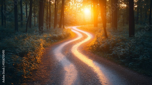 A Winding Forest Path Bathed in Golden Sunset Light