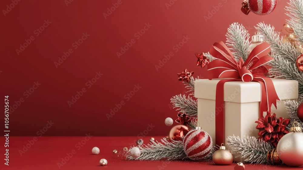 Festive holiday banner featuring Christmas decorations and a gift box Festive holiday banner featuring Christmas decorations and a gift box