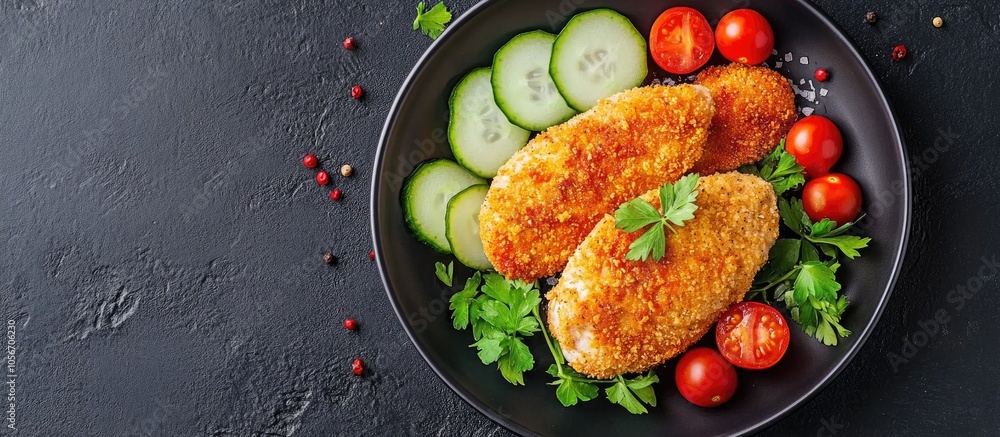 Fried Chicken Fillet Decorated With Cherry Tomatoes And Cucumber Top View Fried Chicken Fillet Decorated With Cherry Tomatoes And Cucumber Top View