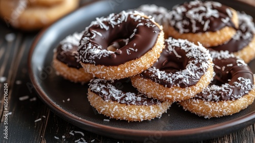 Round ring shaped biscuits with one side coated in chocolate and adorned with coconut sprinkles placed on a plate