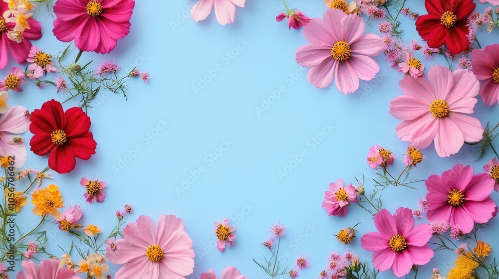 Vibrant Spring Sale Text Framed by Bright Cosmos Flowers against a Blue Backdrop Vibrant Spring Sale Text Framed by Bright Cosmos Flowers against a Blue Backdrop