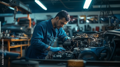 A mechanic in blue repairs an engine in a busy garage full of tools, reflecting dedication and skill.