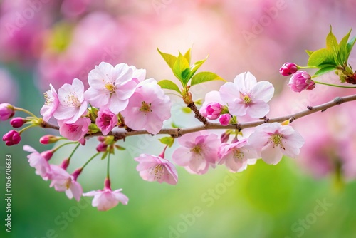 Intricate cherry blossom branch with delicate petals and green leaves, branches, nature