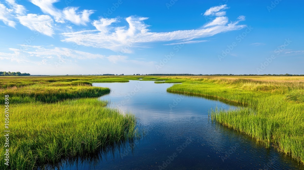Sunny rural landscape featuring flat expansive land beneath a clear blue sky showcasing a classic polder scene with lush green meadows and tranquil waters Sunny rural landscape featuring flat expansive land beneath a clear blue sky showcasing a classic polder scene with lush green meadows and tranquil waters