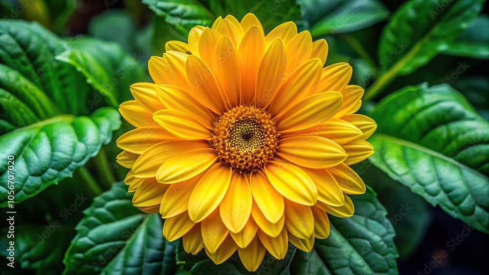 Large bright yellow flower with dark center surrounded by green leaves, petals, warm Large bright yellow flower with dark center surrounded by green leaves, petals, warm