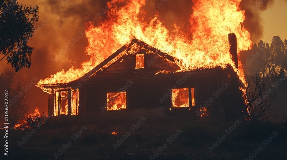 A house is engulfed in flames as firefighters fail to arrive in time resulting in its destruction by the fire A house is engulfed in flames as firefighters fail to arrive in time resulting in its destruction by the fire