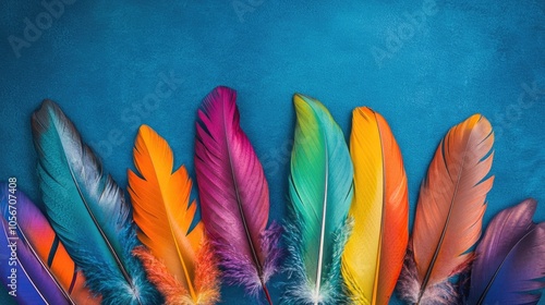 Vibrant colorful feathers artistically arranged on a blue backdrop highlighting a spectrum of hues and textures for a striking visual effect photo