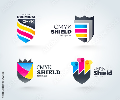 Set Logo Shield CMYK color Printing theme. Template design vector. White background.