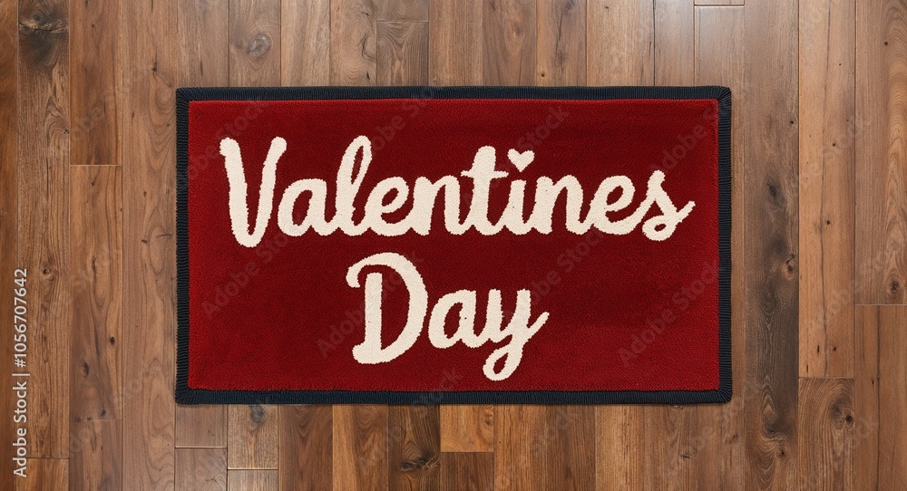 valentines day text on mat rug in wooden floor background