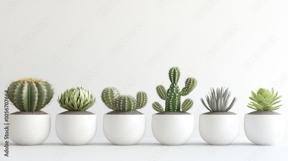 Assorted stunning cacti displayed in sleek white ceramic pots featuring an isolated indoor plant mockup against a clean backdrop Assorted stunning cacti displayed in sleek white ceramic pots featuring an isolated indoor plant mockup against a clean backdrop