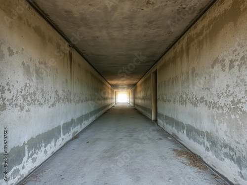 Long, abandoned hallway with weathered concrete walls leading into the distance, long, dark, industrial photo