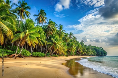 Long stretch of empty beach with dense jungle in the background and a few palm trees swaying gently in the breeze, palm trees, jungle, deserted, beach