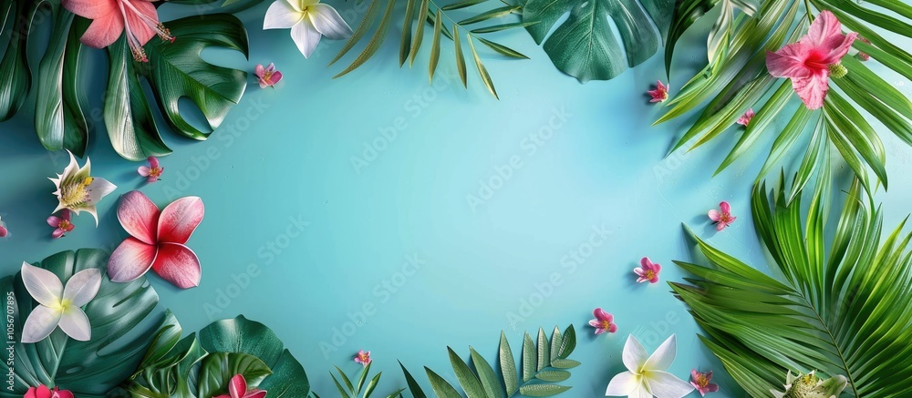 Tropical Green Leaves And Flowers Frame Layout With Copy Space Over Aqua Blue Background Tropical Green Leaves And Flowers Frame Layout With Copy Space Over Aqua Blue Background