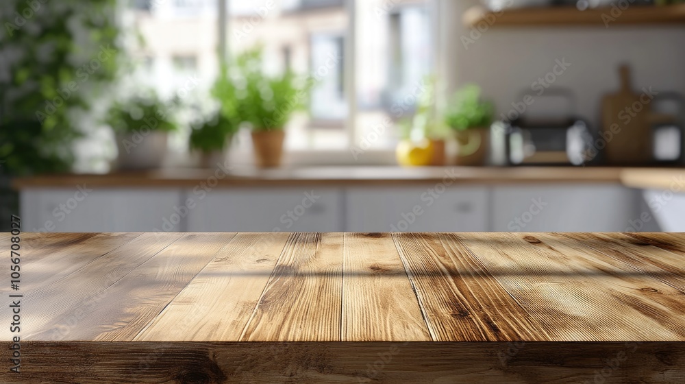 Empty wooden tabletop with a blurred kitchen backdrop illuminated by natural daylight ideal for mockups and promotional use Empty wooden tabletop with a blurred kitchen backdrop illuminated by natural daylight ideal for mockups and promotional use