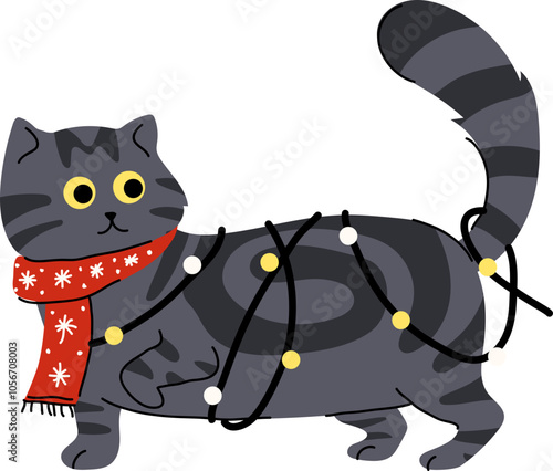 Vector Illustration of Playful Cat Wrapped in Christmas Light