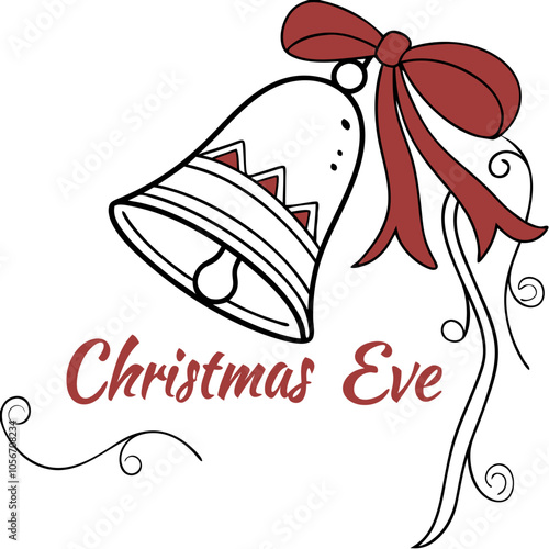 Christmas Eve Bell: A festive illustration of a traditional Christmas bell with a red ribbon, perfect for capturing the spirit of the holiday season.  