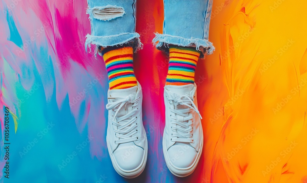 A photograph of a person showcasing their legs dressed in colorful striped socks and white sneakers, with ripped jeans, set against a vibrant multi-colored abstract background A photograph of a person showcasing their legs dressed in colorful striped socks and white sneakers, with ripped jeans, set against a vibrant multi-colored abstract background