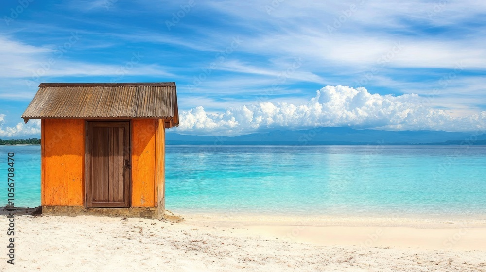 A single wooden cabin door is situated on a peaceful beach A single wooden cabin door is situated on a peaceful beach