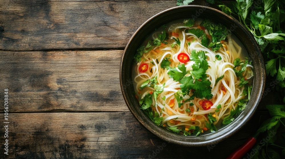Vietnamese noodle soup with fresh rice noodles and garnished herbs on a rustic wooden table Vietnamese noodle soup with fresh rice noodles and garnished herbs on a rustic wooden table