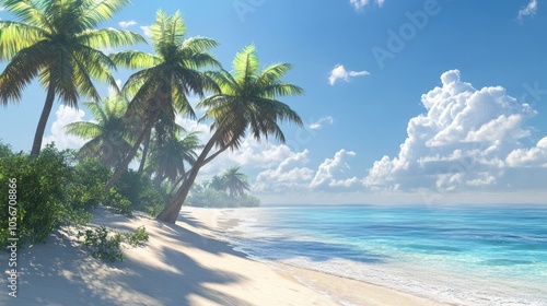 Tropical beach featuring palm trees on a sunny day providing a serene environment for relaxation with clear ocean waters and pristine sandy shores