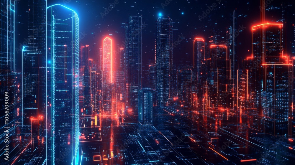 Fototapeta premium Futuristic Cityscape with Neon Lights and a Digital Grid