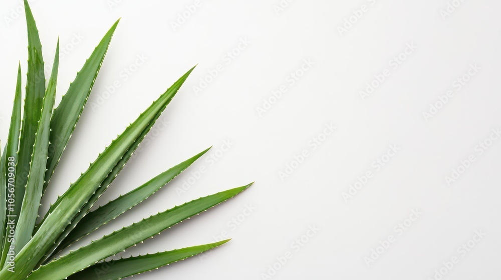 A close-up view of an aloe vera leaf against a white background, showcasing its unique texture and vibrant green color. A close-up view of an aloe vera leaf against a white background, showcasing its unique texture and vibrant green color.