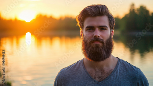 Portrait of a confident young man with a full beard, wearing a casual shirt, standing by a lake at sunrise, making direct eye contact with the camera