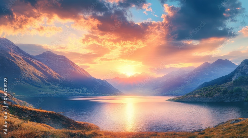 Breathtaking landscape showcasing mountains a tranquil lake and a sunset sky ideal for nature enthusiasts and travel fans Breathtaking landscape showcasing mountains a tranquil lake and a sunset sky ideal for nature enthusiasts and travel fans