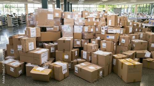 A large stack of cardboard boxes in a warehouse, showcasing the volume of shipments and logistics management. photo