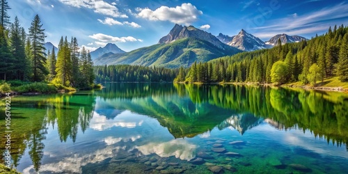 Majestic mountain lake with serene water and surrounding trees, body of water, reflection