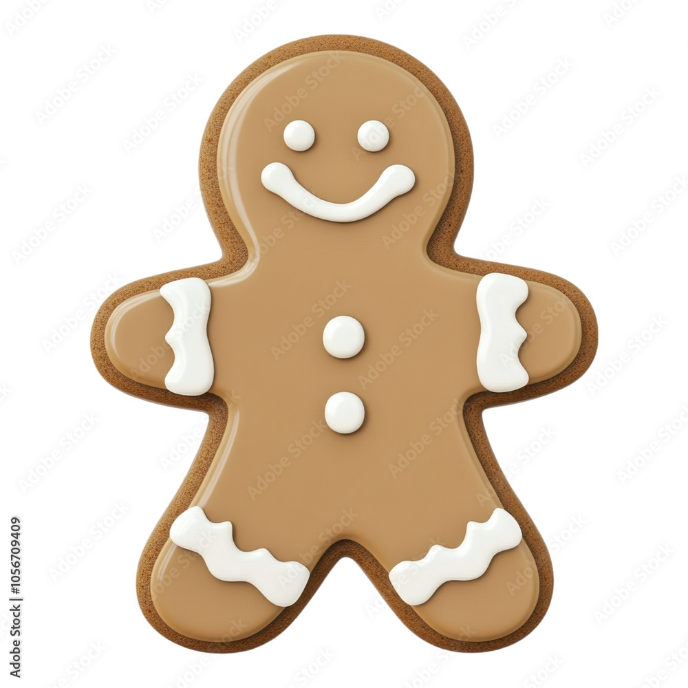 Obraz premium A smiling gingerbread cookie decorated with white icing, resembling a traditional holiday treat, against a black background.