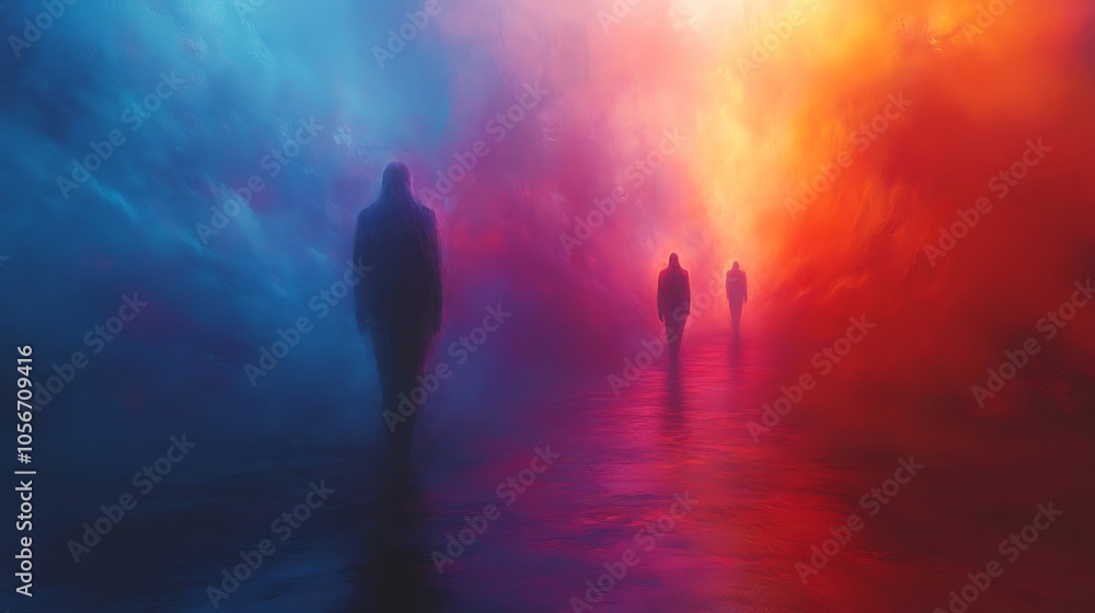 Three figures walk through a mystical, ethereal, and colorful landscape with a vibrant blue and orange sky. Three figures walk through a mystical, ethereal, and colorful landscape with a vibrant blue and orange sky.