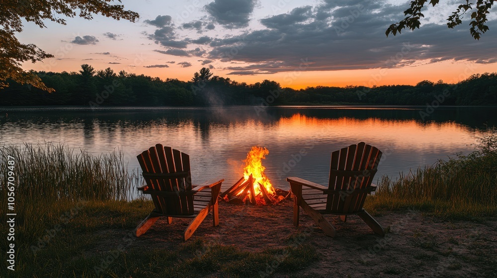 Fototapeta premium Two wooden chairs are positioned beside a lake with a bonfire glowing brightly during sunset