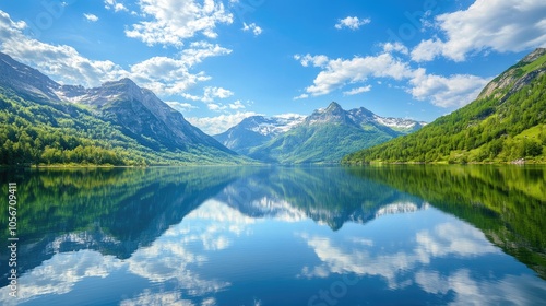 Breathtaking mountain scenery mirrored in calm lake waters beneath a bright blue sky ideal for nature enthusiasts and adventure seekers photo