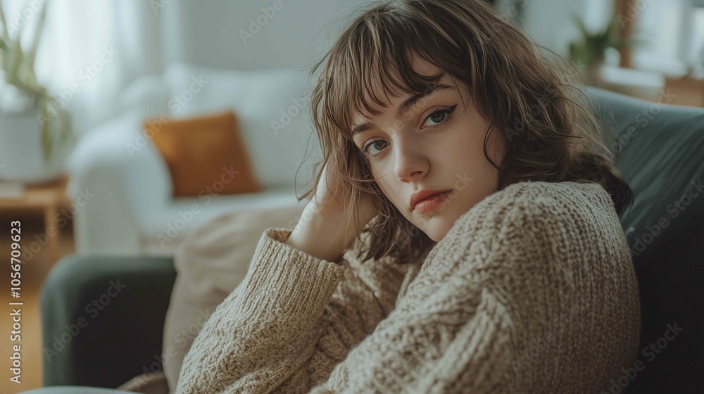 A photo of a 30ish woman on a couch in her room, looking at the camera
A photo of a 30ish woman on a couch in her room, looking at the camera