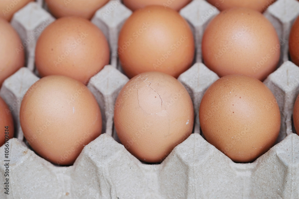 Fresh eggs in a brown paper egg tray. Some eggs had cracked shells. Fresh eggs in a brown paper egg tray. Some eggs had cracked shells.