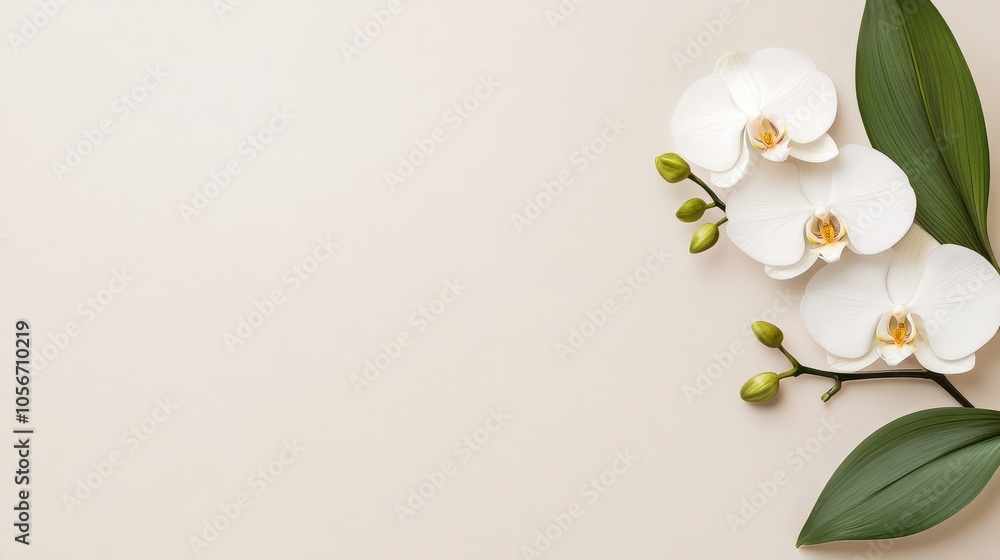 Elegant white orchids with green leaves on a soft beige background, perfect for floral themes and decorative designs. Elegant white orchids with green leaves on a soft beige background, perfect for floral themes and decorative designs.