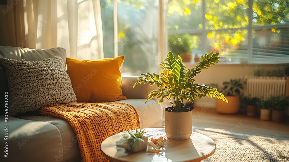 Sunlit Living Room with Plush Sofa and Indoor Plants Creating Cozy Home Ambiance : Generative AI Sunlit Living Room with Plush Sofa and Indoor Plants Creating Cozy Home Ambiance : Generative AI